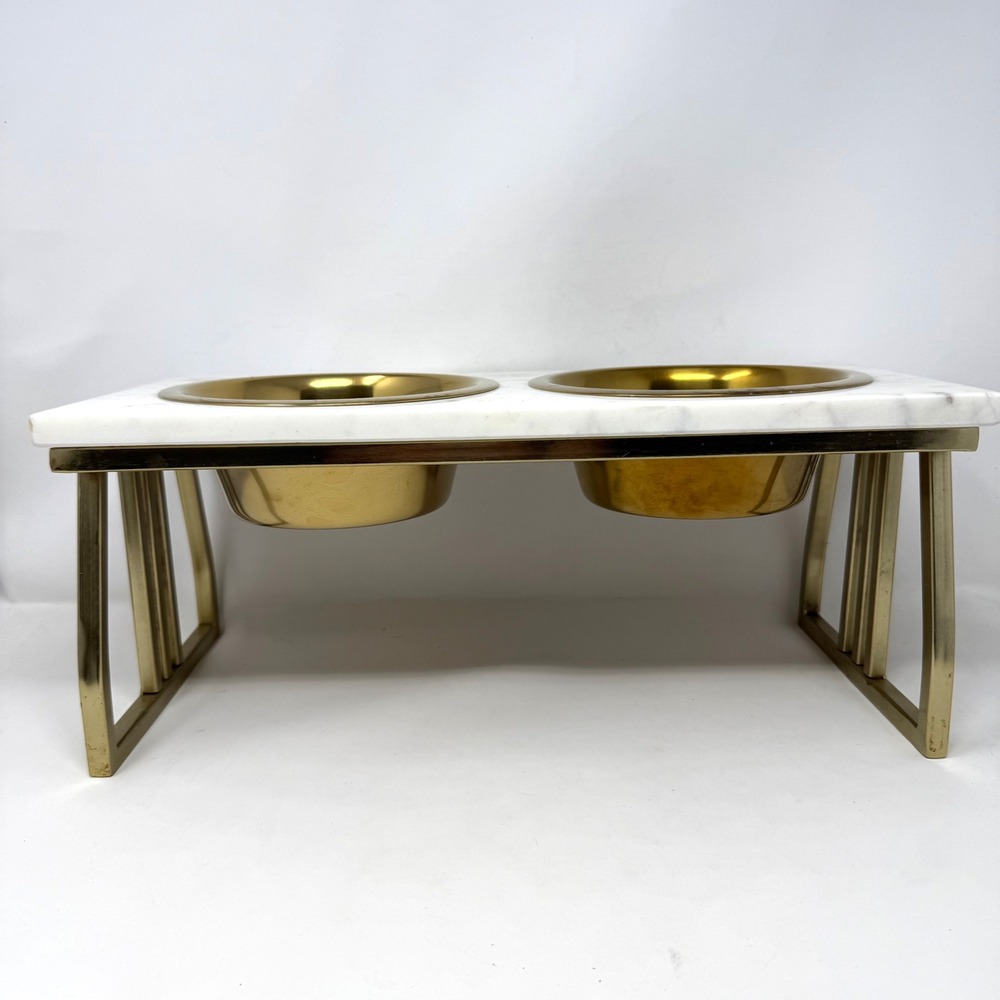 Modern Elevated Pet Feeder White Marble Gold Brass Colored Metal Base Bowls